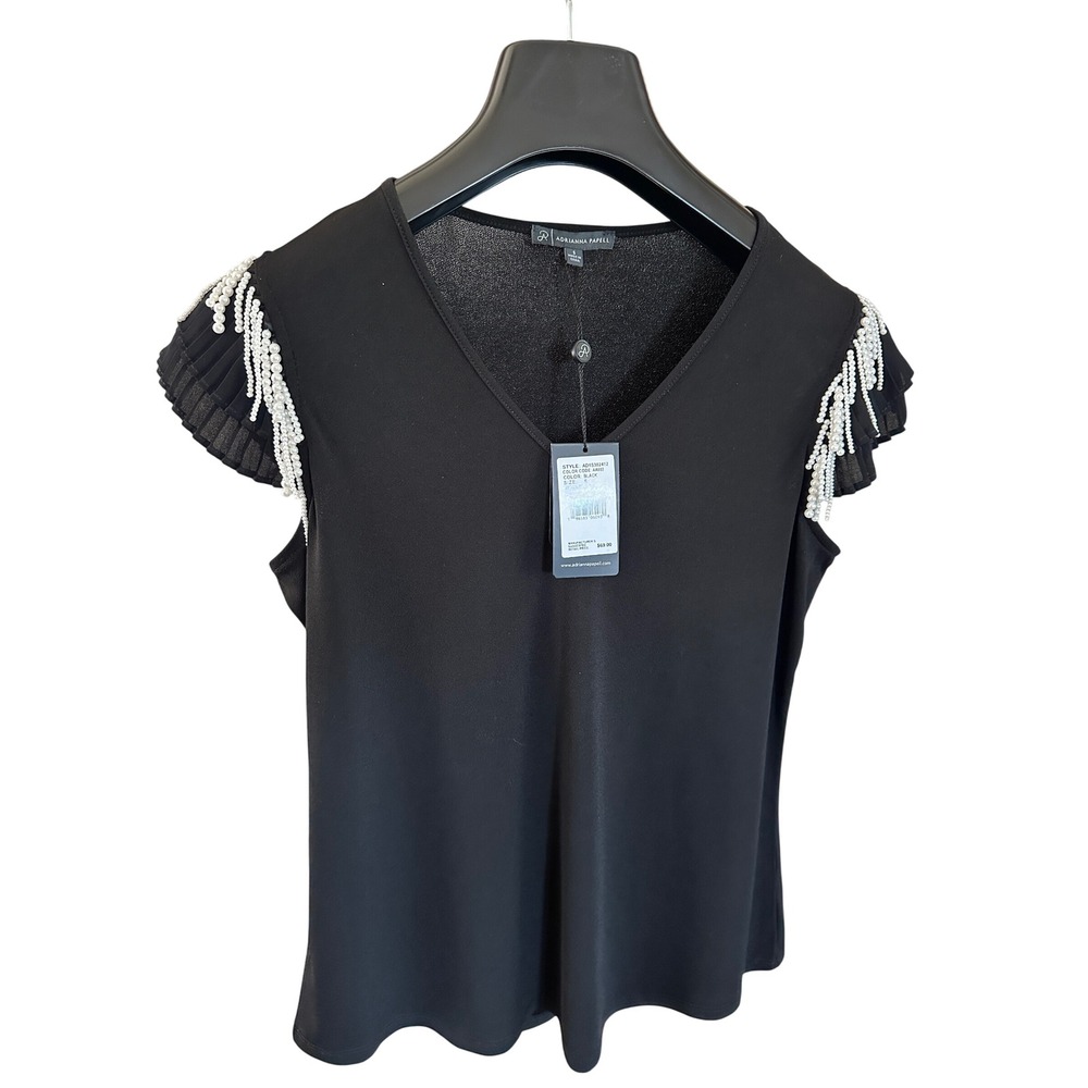 Adrianna Papell NWT Black V-Neck Pearl Beaded Flutter Sleeve‎ Knit Top Size S